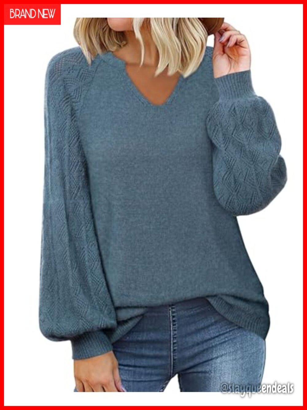 Womens V Neck Long Sleeve Chunky Knit Pullover Sweater Slouchy Casual
